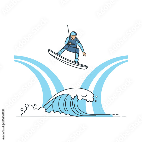 Wakeboarder jumps over wave, extreme water sport, dynamic illustration