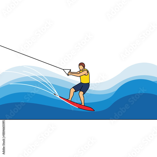 Man Wakeboarding on Blue Waves, Summer Water Sport, Athletic Activity