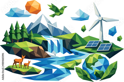 Eco-friendly Polygon Art. Low-poly vector illustration focused on ecology and preserved landscapes, polygonal geometric style with