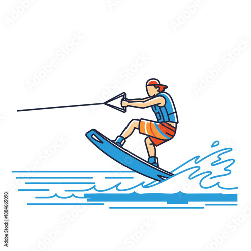 Wakeboarder riding a wave, active watersport lifestyle, summer fun, extreme sports