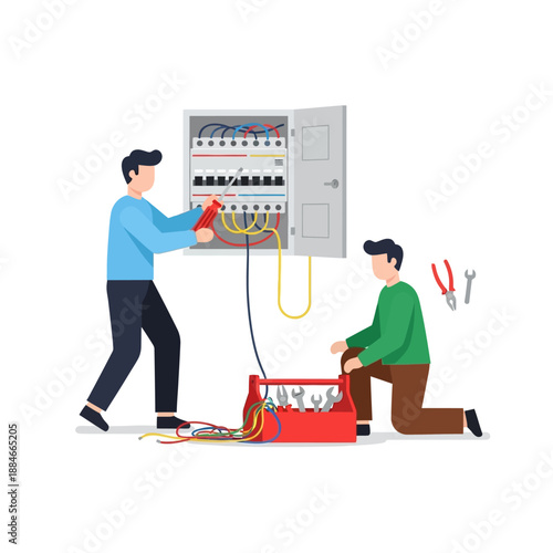Electricians working on electrical panel, wiring, tools, and toolbox