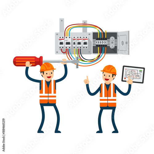 Electricians working on electrical panel, teamwork, schematic on tablet