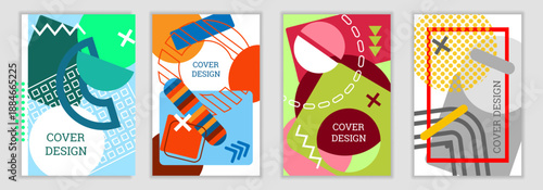 A bright, unusual Memphis-style background. A set of 4 geometric cover designs. Vibrant covers, banners, posters, and booklets.