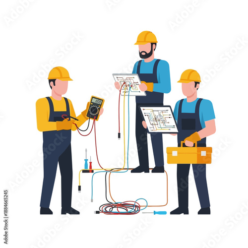 Electricians working together, examining schematics and using multimeter
