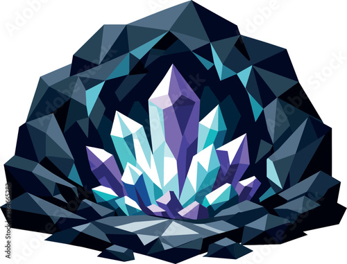 Glowing Crystal Cave. Low-poly vector illustration focused on a glowing crystal cave chamber, polygonal geometric style with sharp
