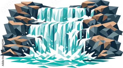 Geometric Waterfall Illustration. Low-poly vector illustration focused on a wide cascading waterfall with rocky ledges, polygonal