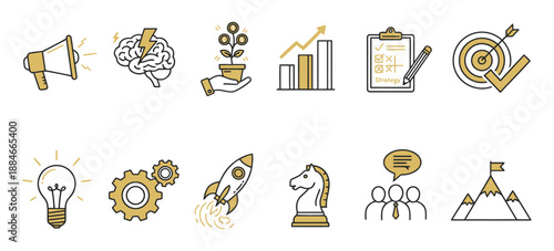Hand Drawn Business Idea and Startup Icon Set, hand drawn elements including rocket, target, brain, strategy signs, finance goals, and planning symbols, suitable for startup branding