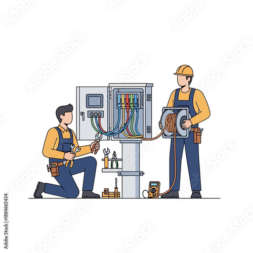 Electricians installing wires in electrical panel, teamwork and maintenance concept