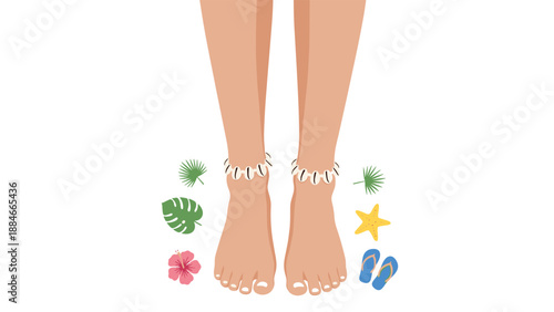 A pair of elegantly adorned female legs wearing shell anklets, surrounded by vibrant tropical leaves, a starfish, and flip-flops, evoking a serene beach vacation.
