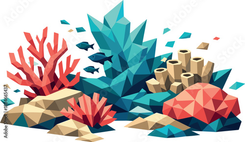 Polygonal Coral Reef. Low-poly vector illustration focused on a coral reef ecosystem, polygonal geometric style with sharp