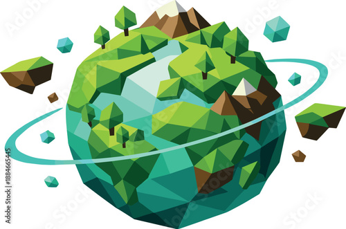 Geometric Eco Planet. Low-poly vector illustration focused on a green eco-friendly planet, polygonal geometric style with sharp