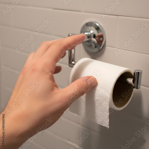 Wallpaper Mural Daily morning routine concept showing a hand reaching toward a soft white toilet paper roll in a bright, clean residential restroom environment with selective focus on the tissue Torontodigital.ca