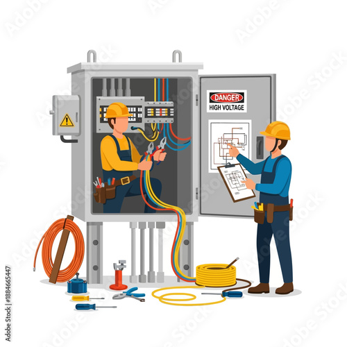 Electricians working on electrical panel, installing wires, safety, maintenance, power supply