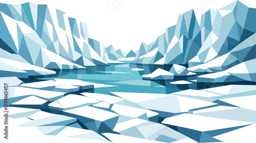 Geometric Glacier Artistry. Low-poly vector illustration focused on a polar glacier landscape, polygonal geometric style with