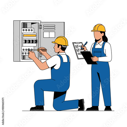 Electricians working on electrical panel, technician checks wiring, safety helmets