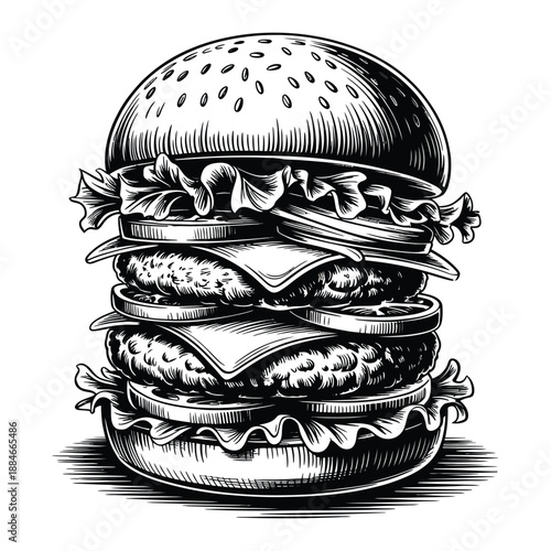 Detailed Double Decker Burger Vector Sketch - Large Layered Hamburger with Multiple Patties and Vegetables