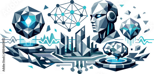 Futuristic AI Ecosystem. Low-poly vector illustration focused on a futuristic AI ecosystem, polygonal geometric style with sharp