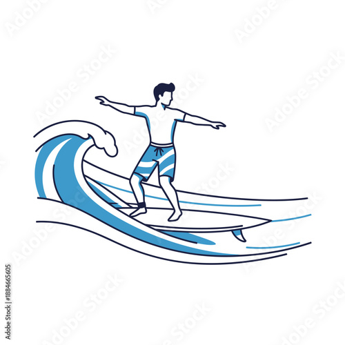 Man surfing on surfboard on blue ocean wave, active lifestyle, summer sport illustration