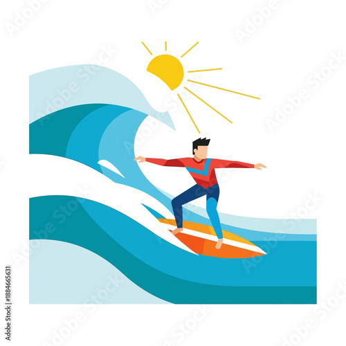 Surfer Riding Wave Under Sunny Sky, Extreme Sports, Ocean Adventure