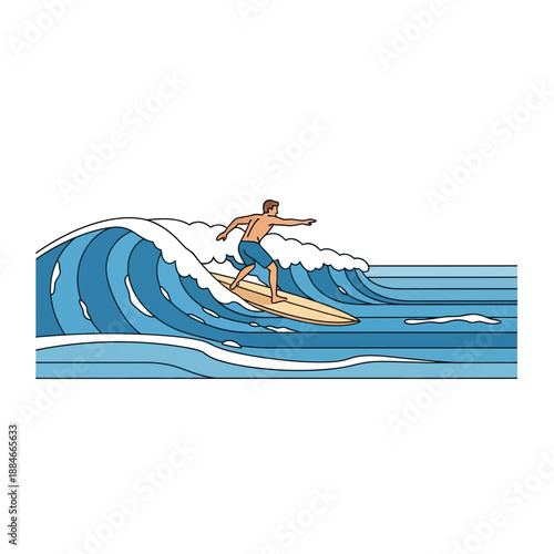 Surfer Riding a Blue Wave on a Surfboard, Summer Ocean Sport