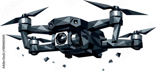Modern Drone Design. Low-poly vector illustration focused on a camera-equipped quadcopter drone, polygonal geometric style with