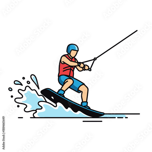 Wakeboarder riding on water with splash, active lifestyle, extreme sports, vector illustration