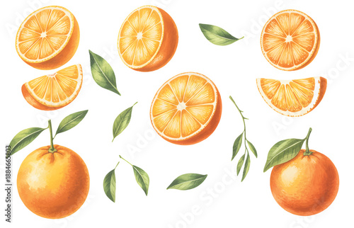 Fresh orange fruit set with slices and leaves in soft watercolor tones.
