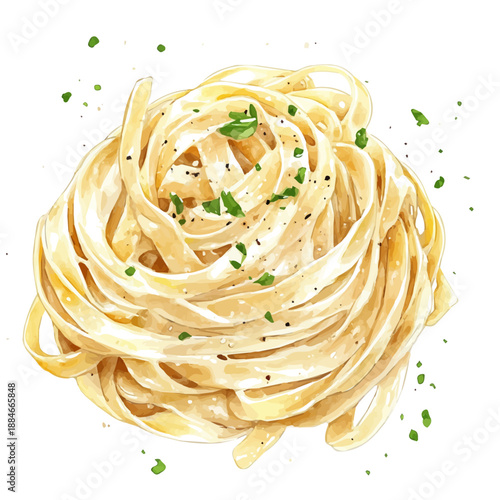 Fettuccine Alfredo, semi-realistic fantasy style, subtle magical elements, soft glow, watercolor illustration, isolated on white background