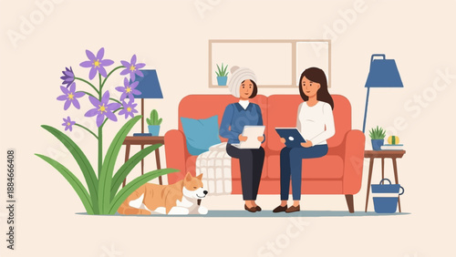 Two women and dog relaxing in a cozy living room with plants and lamps