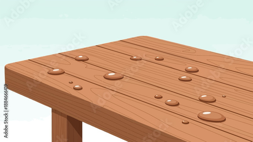 Wooden surface with water droplets on a light blue background