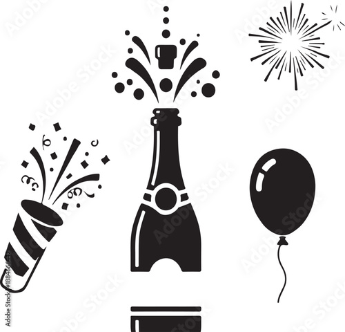 Celebration elements with champagne bottle and party popper