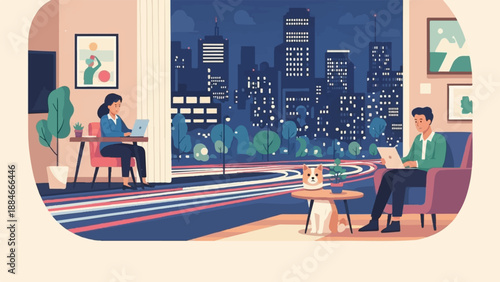 Two people working on laptops in a cozy room overlooking a city at night