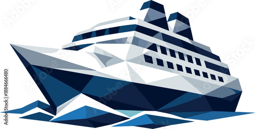 Iconic Cruise Ship. Low-poly vector illustration focused on an iconic cruise ship symbol representing sea travel and tourism,