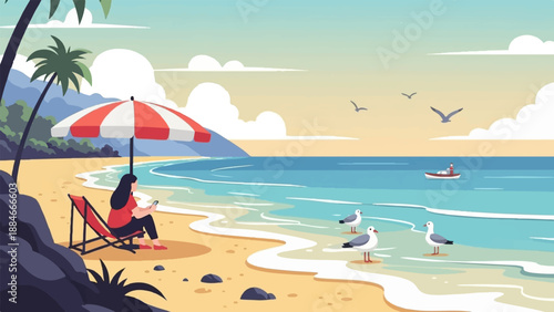 Woman relaxes on a beach chair under a striped umbrella, scrolling on her phone