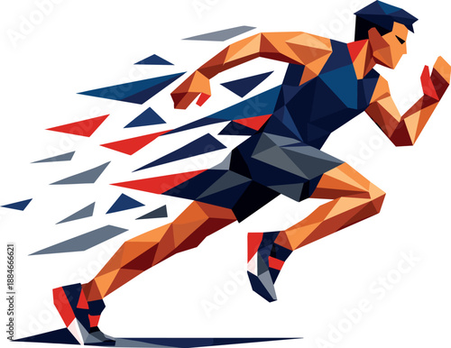 Dynamic Polygonal Runner. Low-poly vector illustration focused on a running human figure, polygonal geometric style with sharp