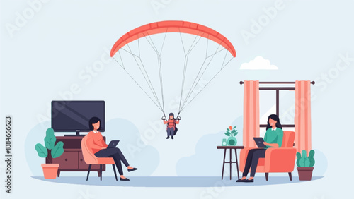 Two people work inside, one paraglides above a tranquil sky