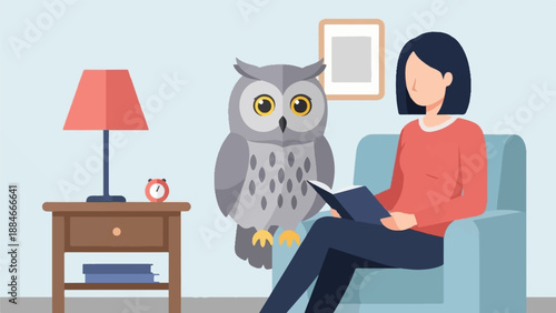 Woman reading a book next to an owl in a cozy room