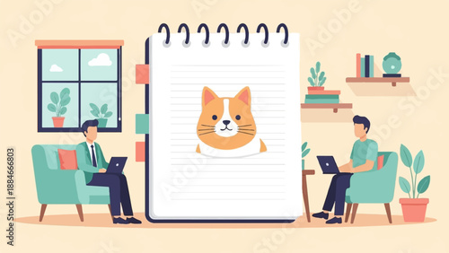 Two people working on laptops in a cozy room with a drawing of a cat