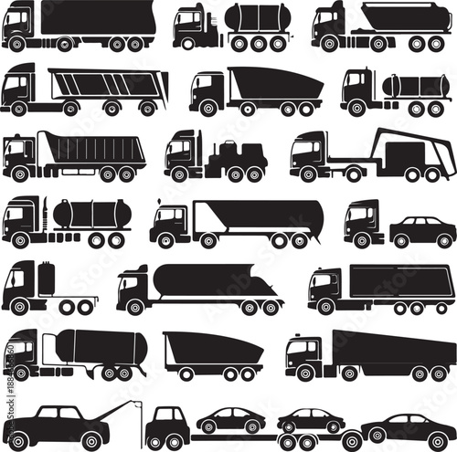 Black silhouettes of various trucks and cars on white background