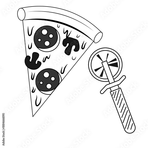 Pizza Slice,slice of pizza with toppings and a pizza cutter,Hand Drawn Pizza Slice 