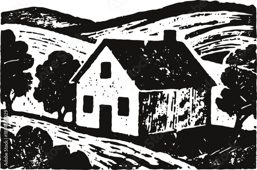 Rustic countryside house with hills and trees in vintage black and white illustration