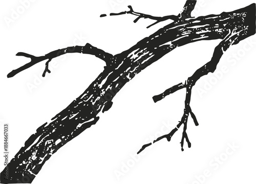 Black silhouette of a rough tree branch with twigs and textured bark