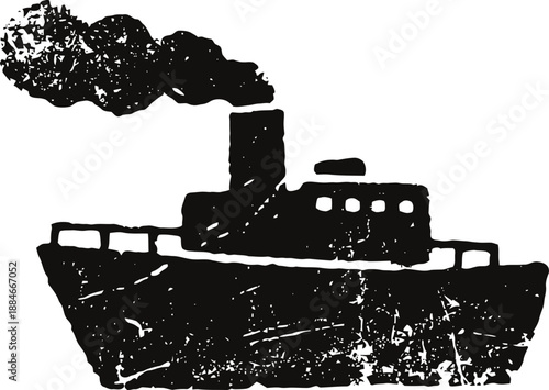 Black vintage steamship silhouette with smoke coming from a smokestack