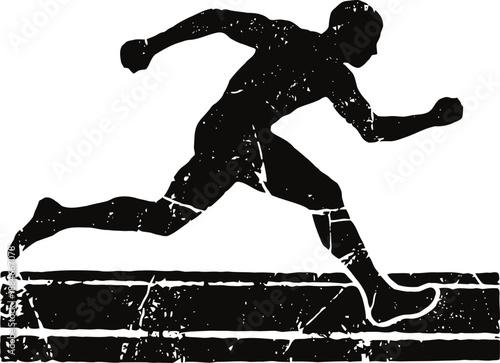 Man hurdling over obstacle, athletic sprint and jumping silhouette with grunge texture