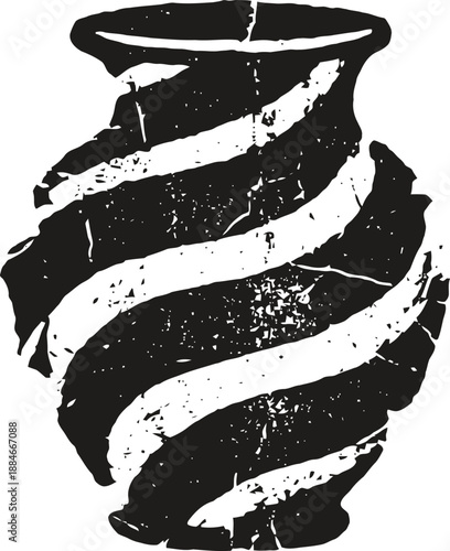 Abstract cracked spiral striped pottery vase illustration in black and white