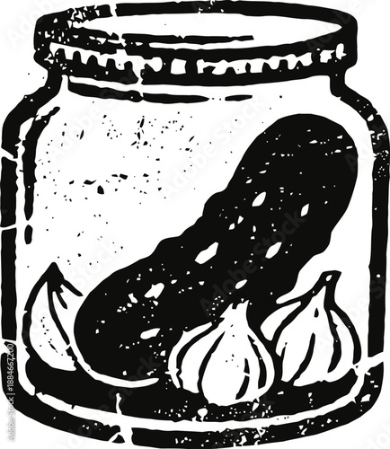 Pickle jar with garlic cloves and whole cucumber, vintage black and white food illustration