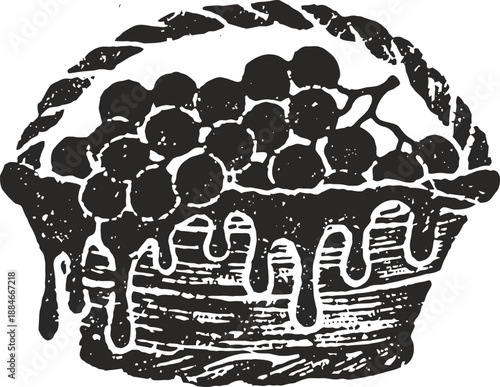 Basket filled with grapes covered in dripping liquid, vintage engraved fruit illustration