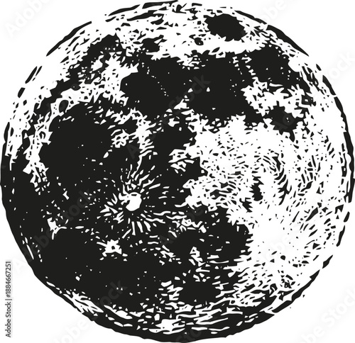 Detailed vintage illustration of the moon with craters and lunar surface texture