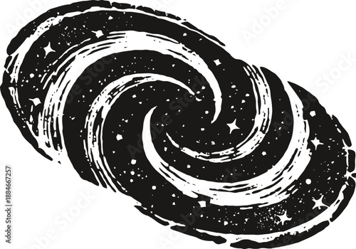Swirling galaxy illustration with stars and cosmic dust in black and white
