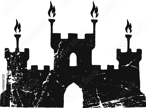 Grunge black castle silhouette with flaming torches and medieval battlements design